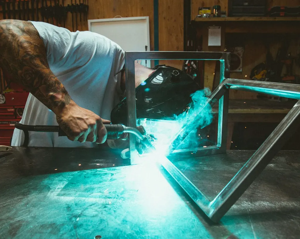 Metallbauer schweißt einen Stahlrahmen